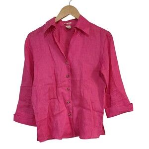 Vintage Women's Size Large 100% Linen Pink Button Up Blouse 3/4 Sleeve Collared